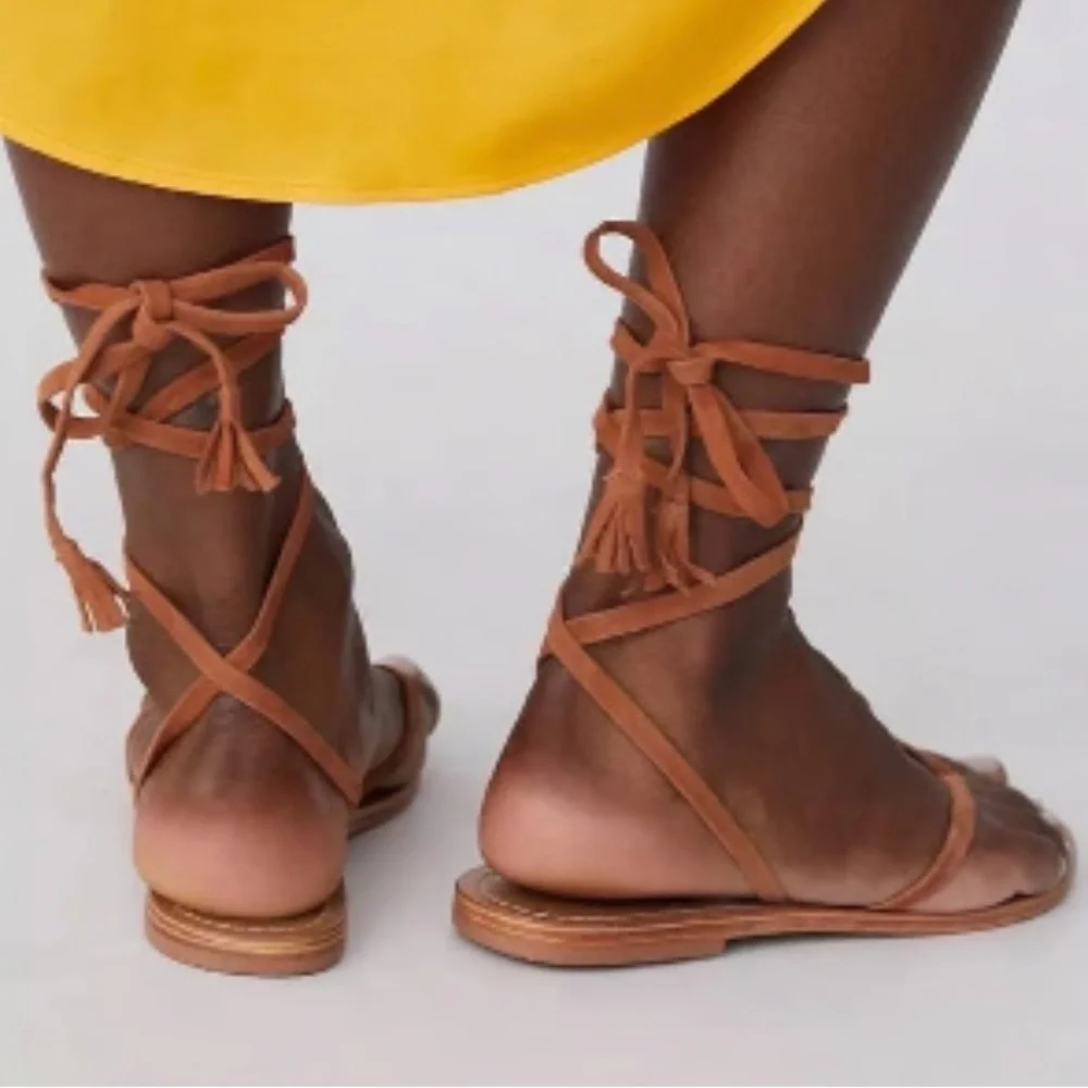 Anthropologie Pilcro Tie Up Sandals sz 8 Brown Flats Tassle NWT - Picture 2 of 10